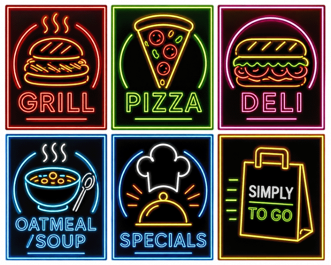 An image illustrating the different food stations: Grill, Pizza, Deli, Oatmeal and Soup, Specials, Simply To Go.