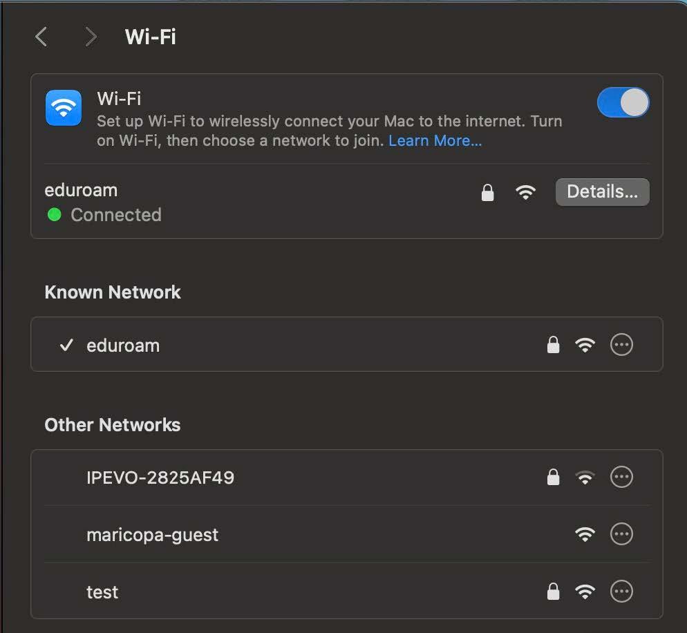 A screenshot of the MacOS System Settings showing a successfully connected Wi-Fi network.