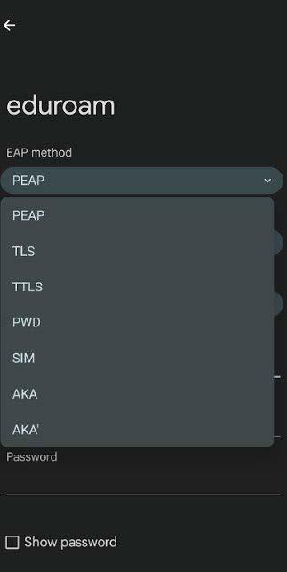 A screenshot of the eduroam network settings screen in Android, selecting PEAP.