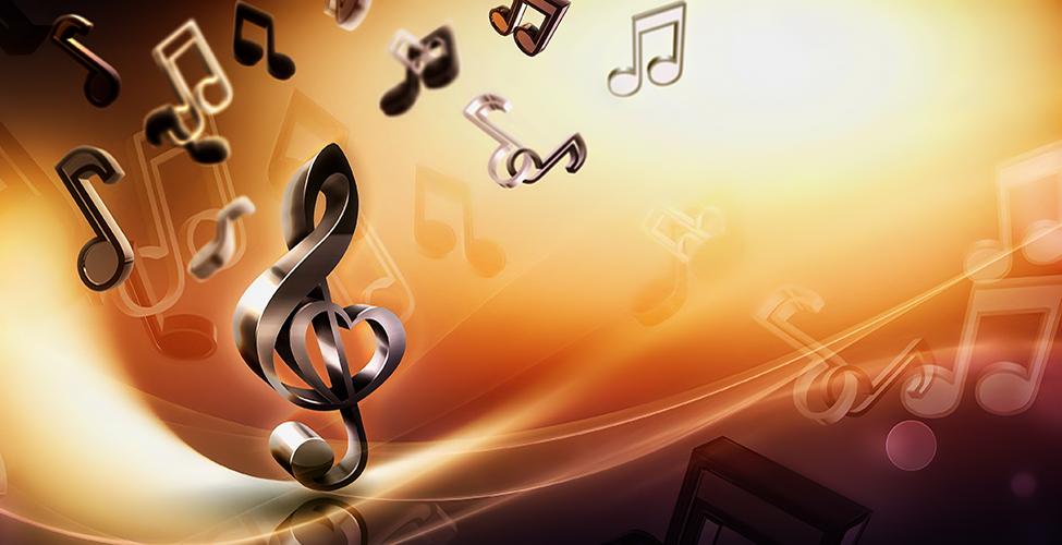 3D abstract music background with notes and treble clef