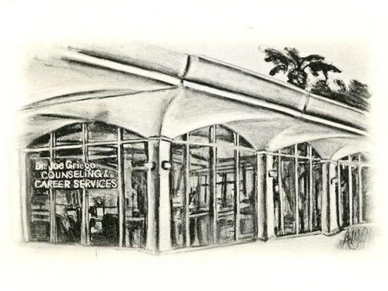 Charcoal drawing of the Dr. Joe Griego Counseling & Career Services